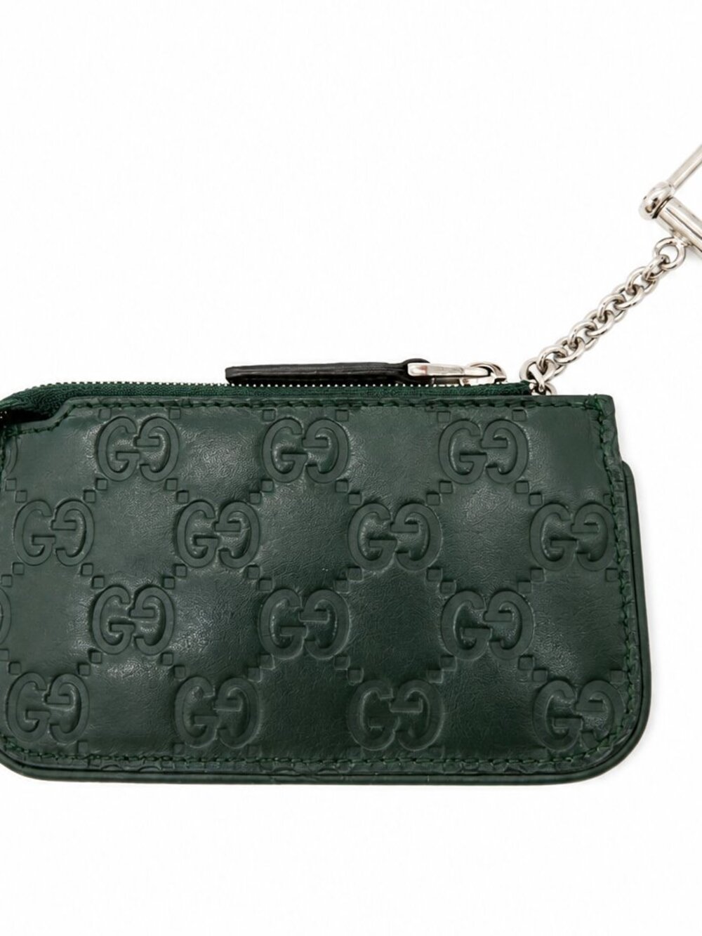 Gucci Green Embossed Leather Zip Key Pouch with Chain (Pre-Owned)